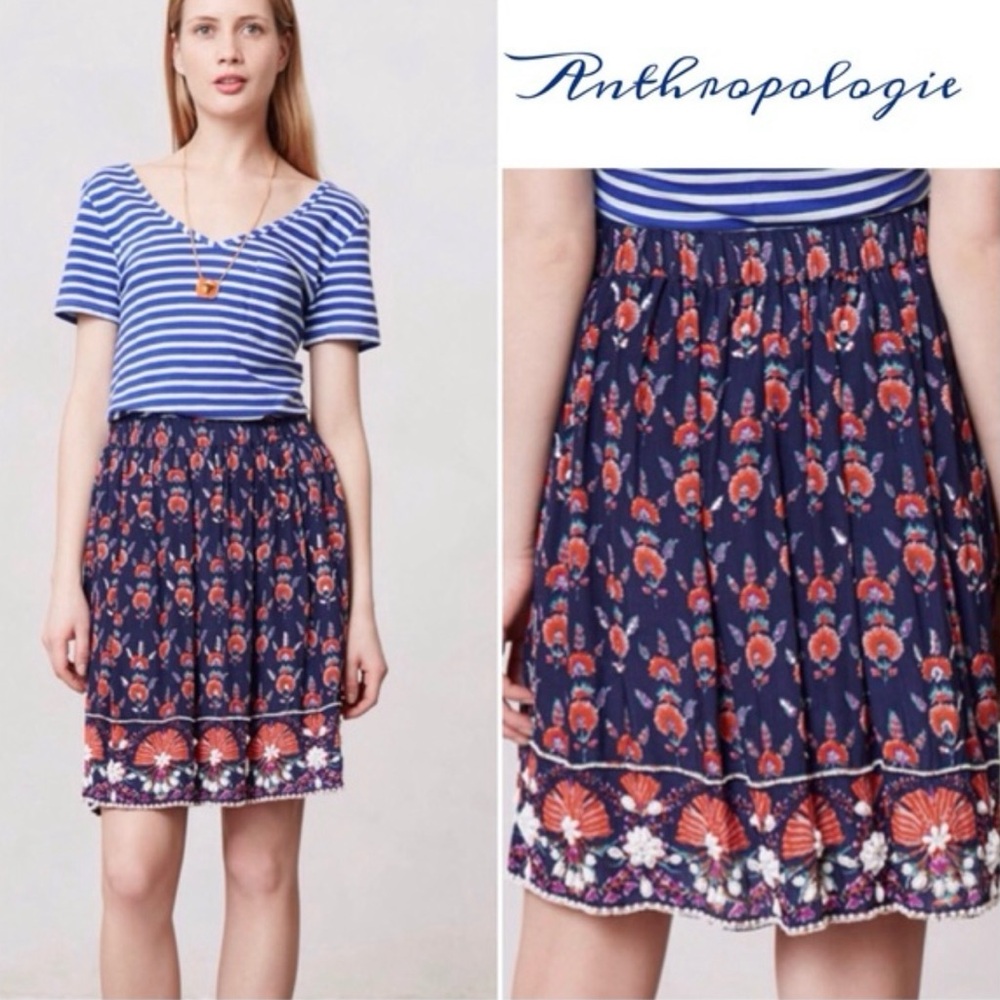 Maeve Anthropologie Adela Blue Floral Beaded Elastic Waist Skirt Size Small S